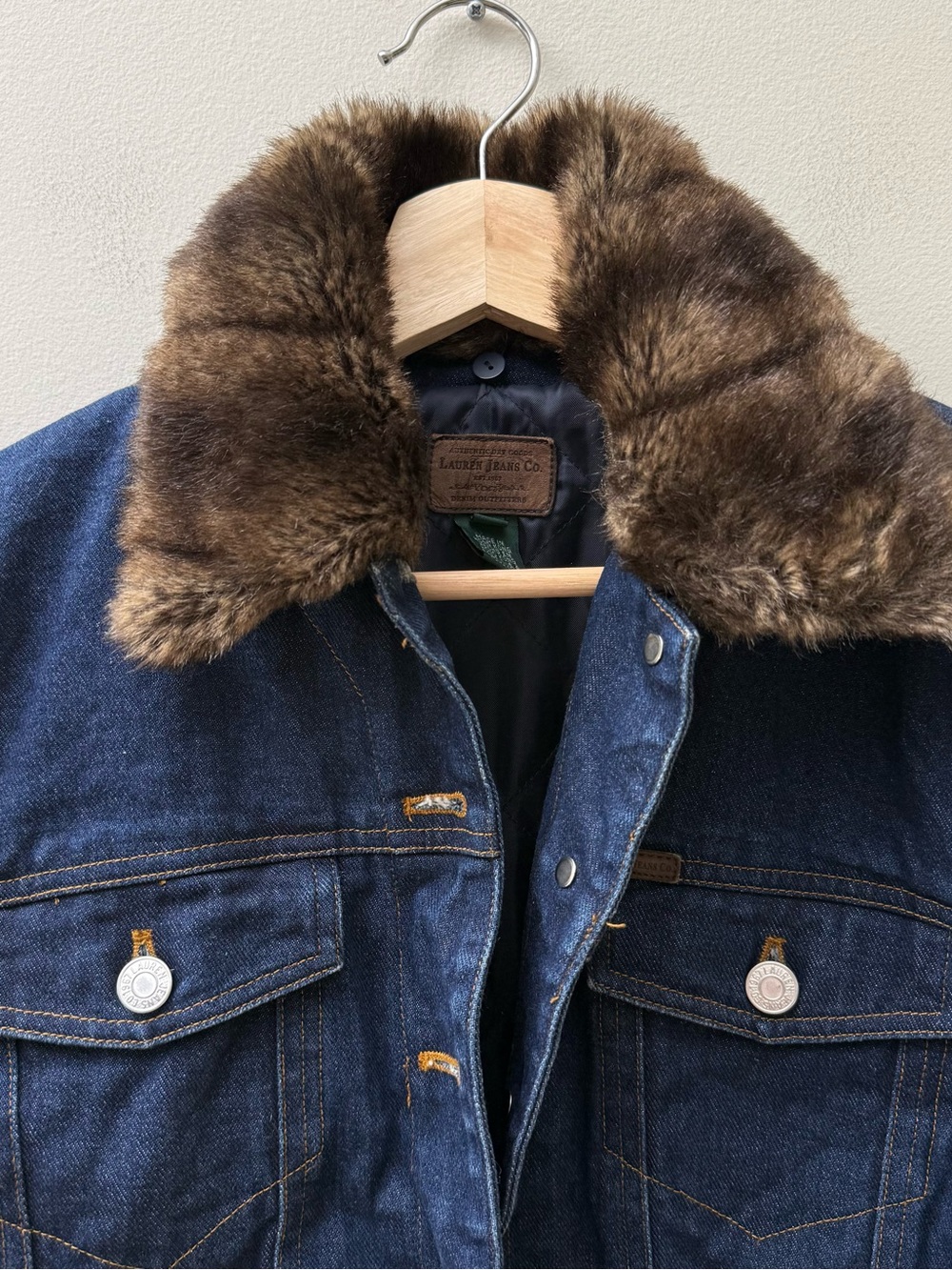 Vintage Ralph Lauren Dark Blue Denim Jacket with Brown Faux Fur Collar - Picture 2 of 12